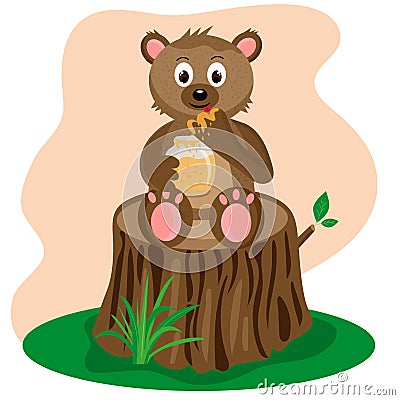 teddy bear sits on a stump and eats honey Stock Photo